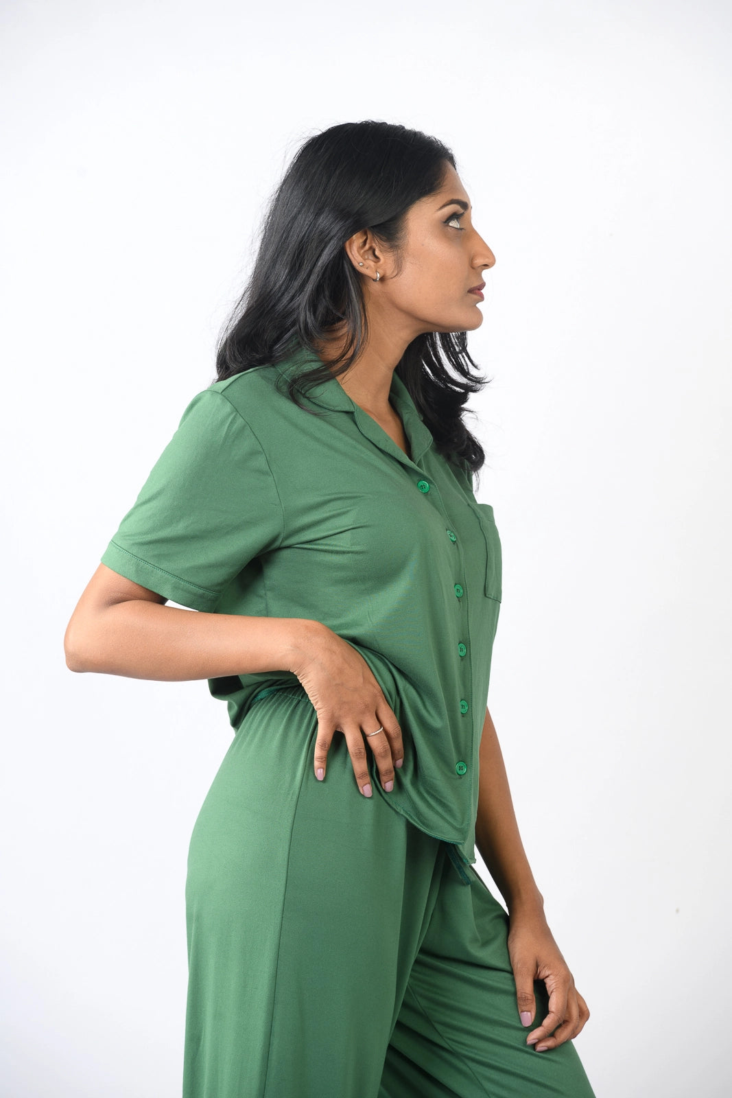 Elegant flared deep green long pants, designed for luxurious comfort. Elevate your loungewear. Shop now!
