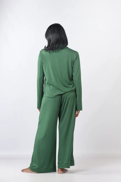Elegant flared deep green long pants, designed for luxurious comfort. Elevate your loungewear. Shop now!